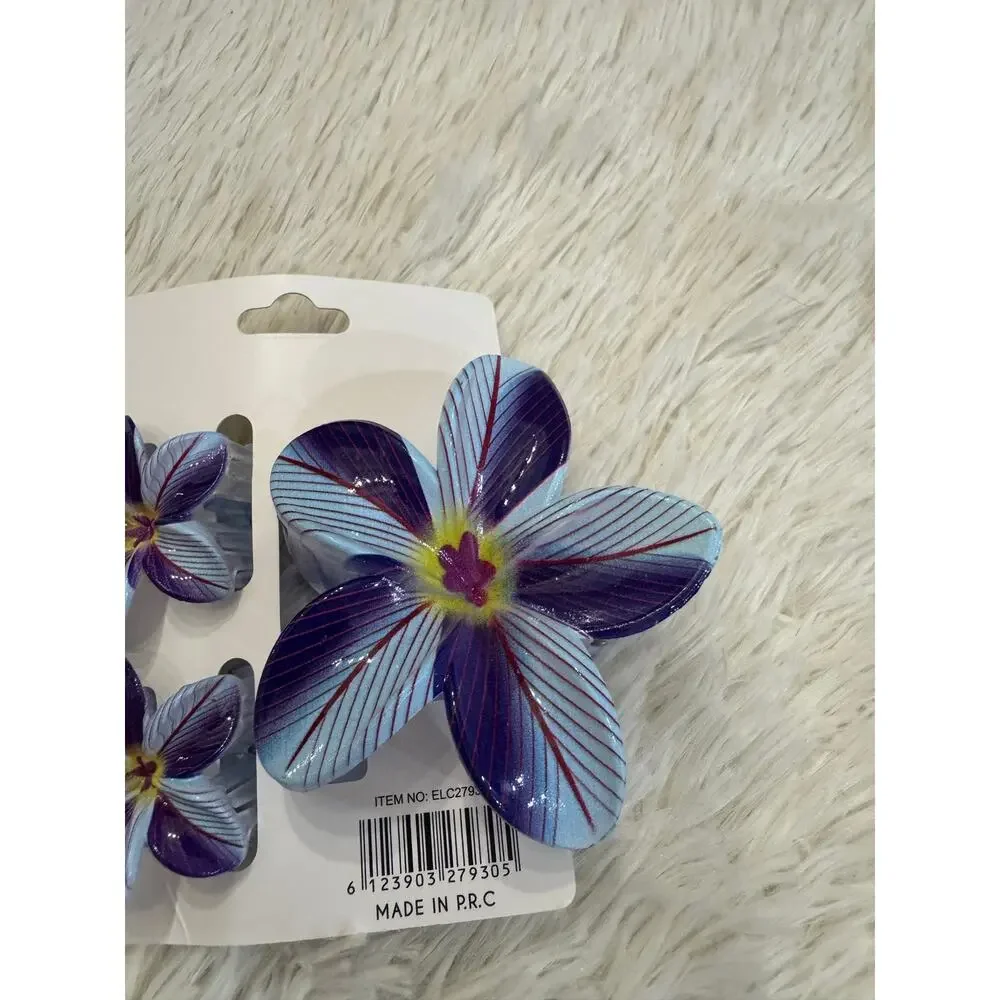 Hawaiian flower blue hair clip claw set of 3 one large 2 medium